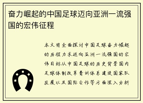 奋力崛起的中国足球迈向亚洲一流强国的宏伟征程 奋力崛起的中国足球迈向亚洲一流强国的宏伟征程